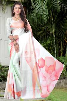 White printed satin saree with blouse