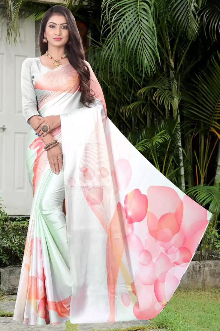 White printed satin saree with blouse
