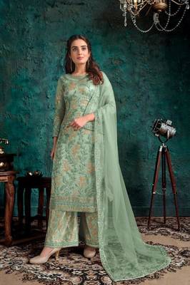 sea Green Butterfly net Shtraight cut Embroidered Plazzo suit  1