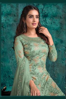 sea Green Butterfly net Shtraight cut Embroidered Plazzo suit  2