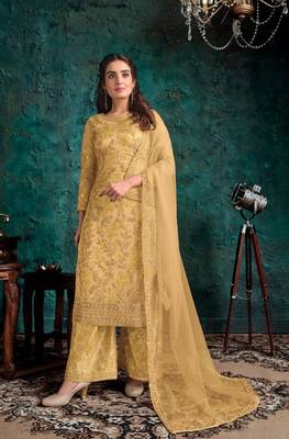 Yellow Butterfly net Shtraight cut Embroidered Plazzo suit  1