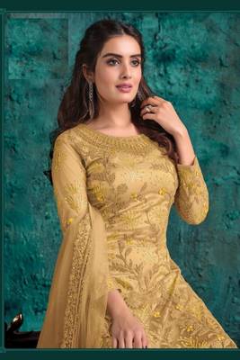 Yellow Butterfly net Shtraight cut Embroidered Plazzo suit  2