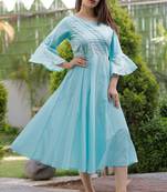 Sea-green plain cotton ethnic-kurtis