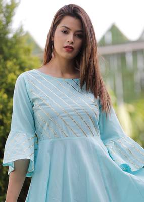 Sea-green plain cotton ethnic-kurtis 4