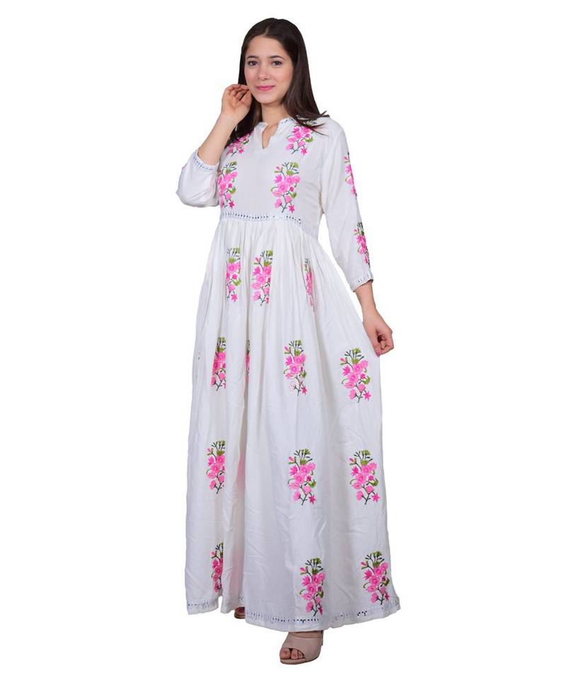 White Floral RAYON Embroidered long kurti