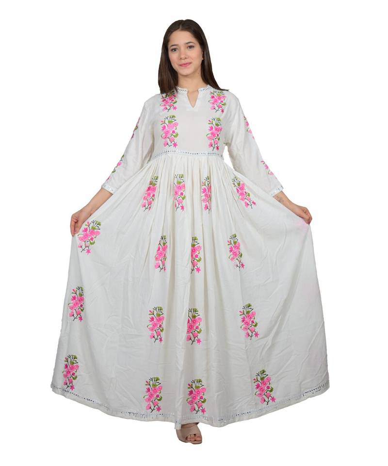 White Floral RAYON Embroidered long kurti