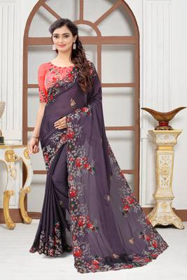 Chocolate embroidered silk blend saree with blouse 1