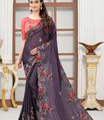 Chocolate embroidered silk blend saree with blouse