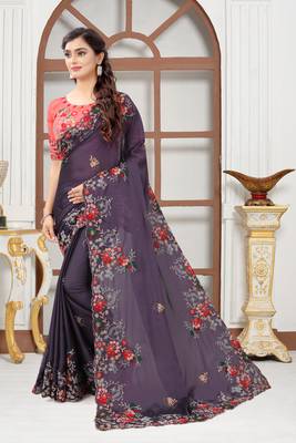 Chocolate embroidered silk blend saree with blouse 2