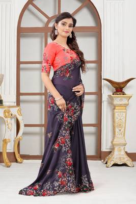 Chocolate embroidered silk blend saree with blouse 3