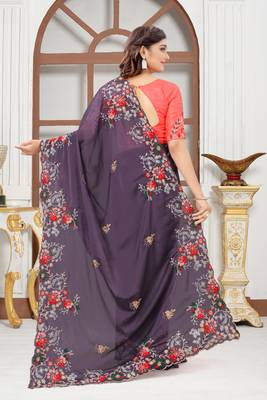 Chocolate embroidered silk blend saree with blouse 4