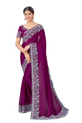 Wine embroidered silk blend saree with blouse 1