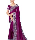 Wine embroidered silk blend saree with blouse