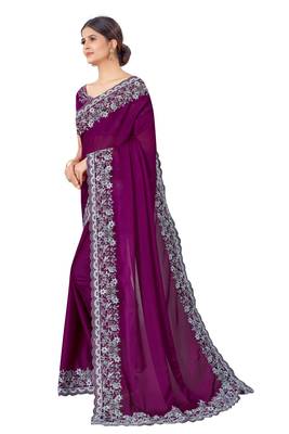 Wine embroidered silk blend saree with blouse 2