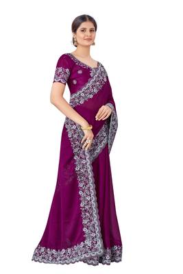 Wine embroidered silk blend saree with blouse 3