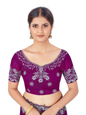 Wine embroidered silk blend saree with blouse 4