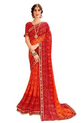 Orange printed georgette saree with blouse 1