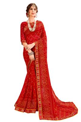 Red printed georgette saree with blouse 1