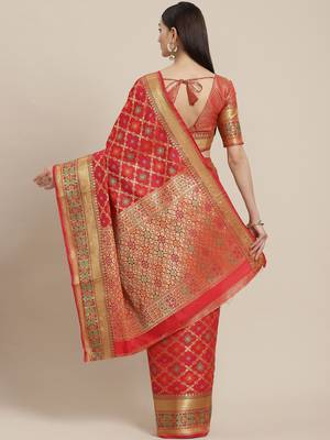 Red woven banarasi silk saree with blouse 2