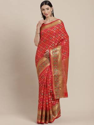 Red woven banarasi silk saree with blouse 1