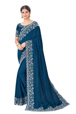 Dark blue
 embroidered silk blend saree with blouse 1
