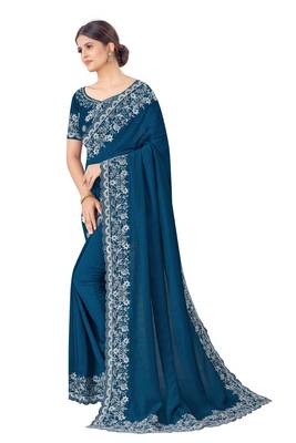 Dark blue
 embroidered silk blend saree with blouse 2