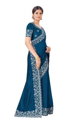 Dark blue
 embroidered silk blend saree with blouse 3