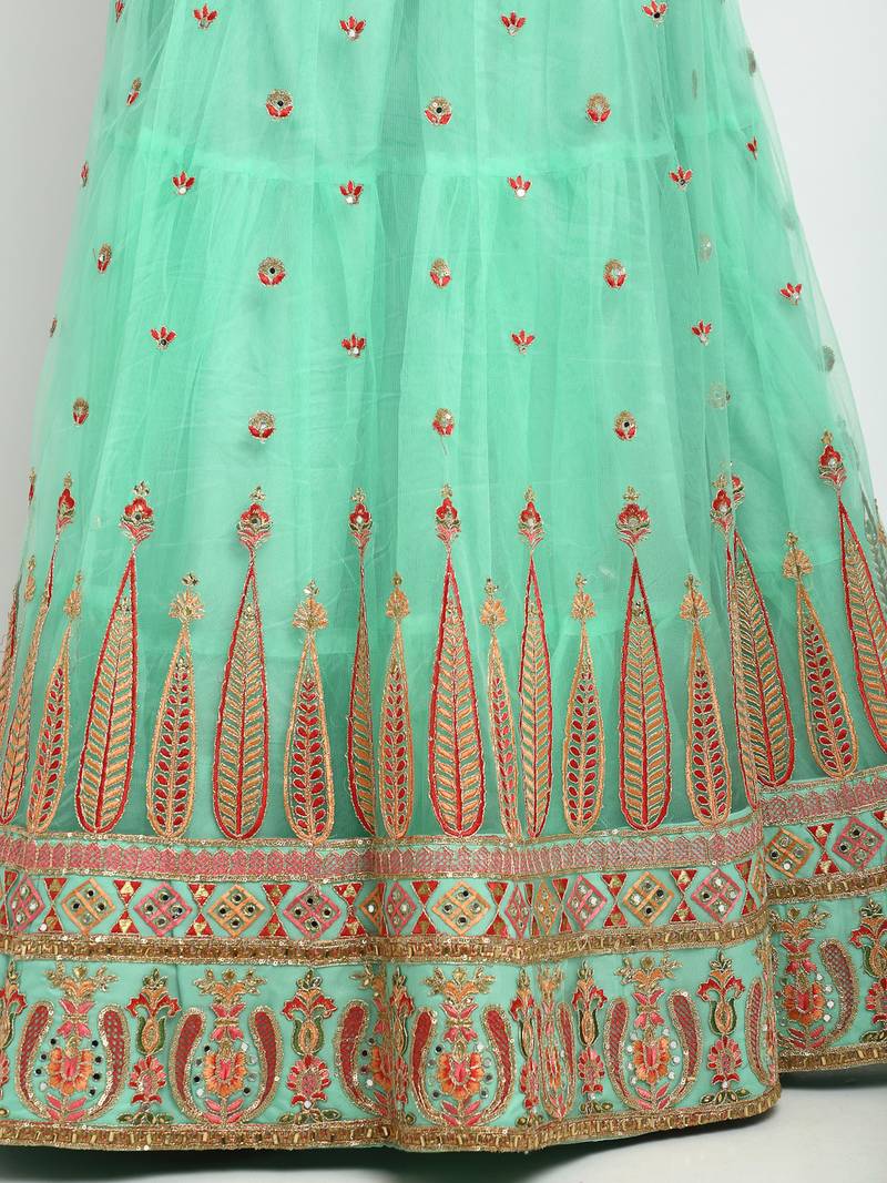Seagreen Net Fabric Sequins embroidery Semi-Stitched Lehenga & Unstitched Blouse With Dupatta