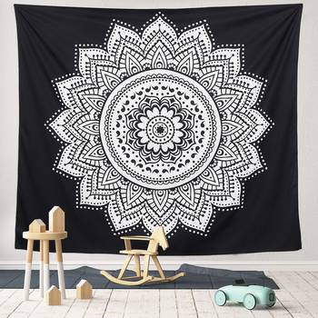 Tapestry Balck & White Color with Rangoli Lotus Flower Print Wall Hanging (84 x 90 Inch) 1