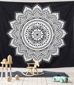 Tapestry Balck & White Color with Rangoli Lotus Flower Print Wall Hanging (84 x 90 Inch)