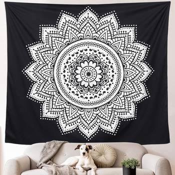 Tapestry Balck & White Color with Rangoli Lotus Flower Print Wall Hanging (84 x 90 Inch) 2