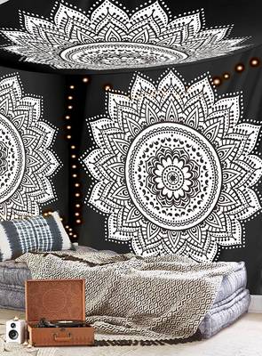 Tapestry Balck & White Color with Rangoli Lotus Flower Print Wall Hanging (84 x 90 Inch) 3