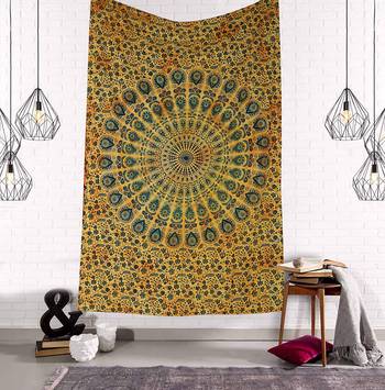 Tapestry Tie Dye Dusty Color Peacock Design Mandala Print Wall Hanging  (84 x 90 Inch) 1