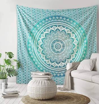 Tapestry Round Shape Green Color Rangoli Print Wall Hanging (84 x 90 Inch) 2