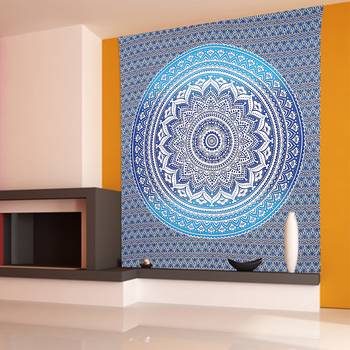 Tapestry Round Shape Blue Color Rangoli Print Wall Hanging (84 x 90 Inch) 1