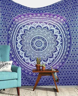 Tapestry Round Shape Blue Color Rangoli Print Wall Hanging (84 x 90 Inch) 3