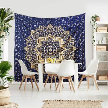 Tapestry Blue Color Golden Rangoli Print Wall Hanging (84 x 90 Inch) 1