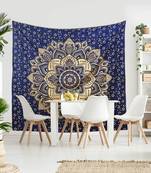Tapestry Blue Color Golden Rangoli Print Wall Hanging (84 x 90 Inch)