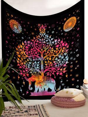 Tapestry Tie Dye Balck with Multi Color Elephant Tree Print Wall Hanging (84 x 90 Inch) 1