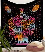 Tapestry Tie Dye Balck with Multi Color Elephant Tree Print Wall Hanging (84 x 90 Inch)