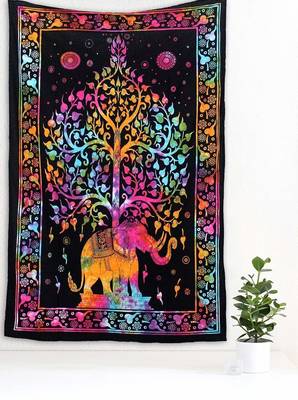 Tapestry Tie Dye Balck with Multi Color Elephant Tree Print Wall Hanging (84 x 90 Inch) 3