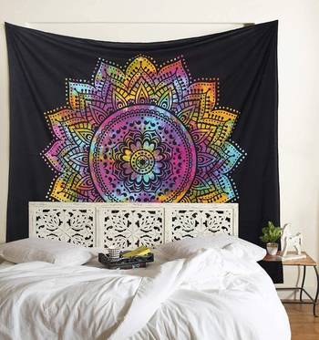 Tapestry Tie Dye Balck with Multi Color Rangoli Print Wall Hanging (84 x 90 Inch) 1