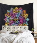 Tapestry Tie Dye Balck with Multi Color Rangoli Print Wall Hanging (84 x 90 Inch)