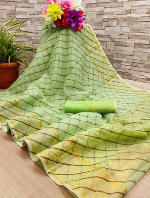 Parrot green printed cotton silk saree with blouse 1