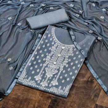 Grey jacquard chanderi unstitched salwar with dupatta 1