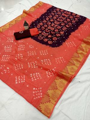 Peach printed cotton saree with blouse 1