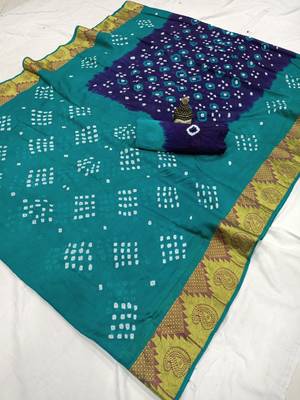 Turquoise printed cotton saree with blouse 1