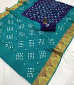 Turquoise printed cotton saree with blouse