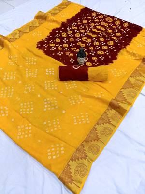 Yellow printed cotton saree with blouse 1