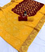 Yellow printed cotton saree with blouse
